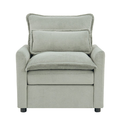 Greenish-gray accent armchair with cushioned backrest and supportive squared arms