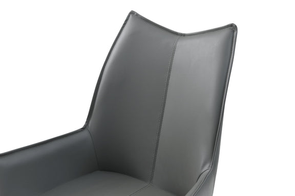 Dark gray swivel dining chair with padded seat and tall, curved backrest