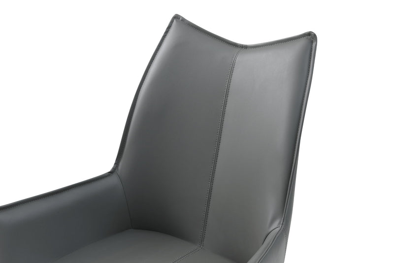 Dark gray swivel dining chair with padded seat and tall, curved backrest