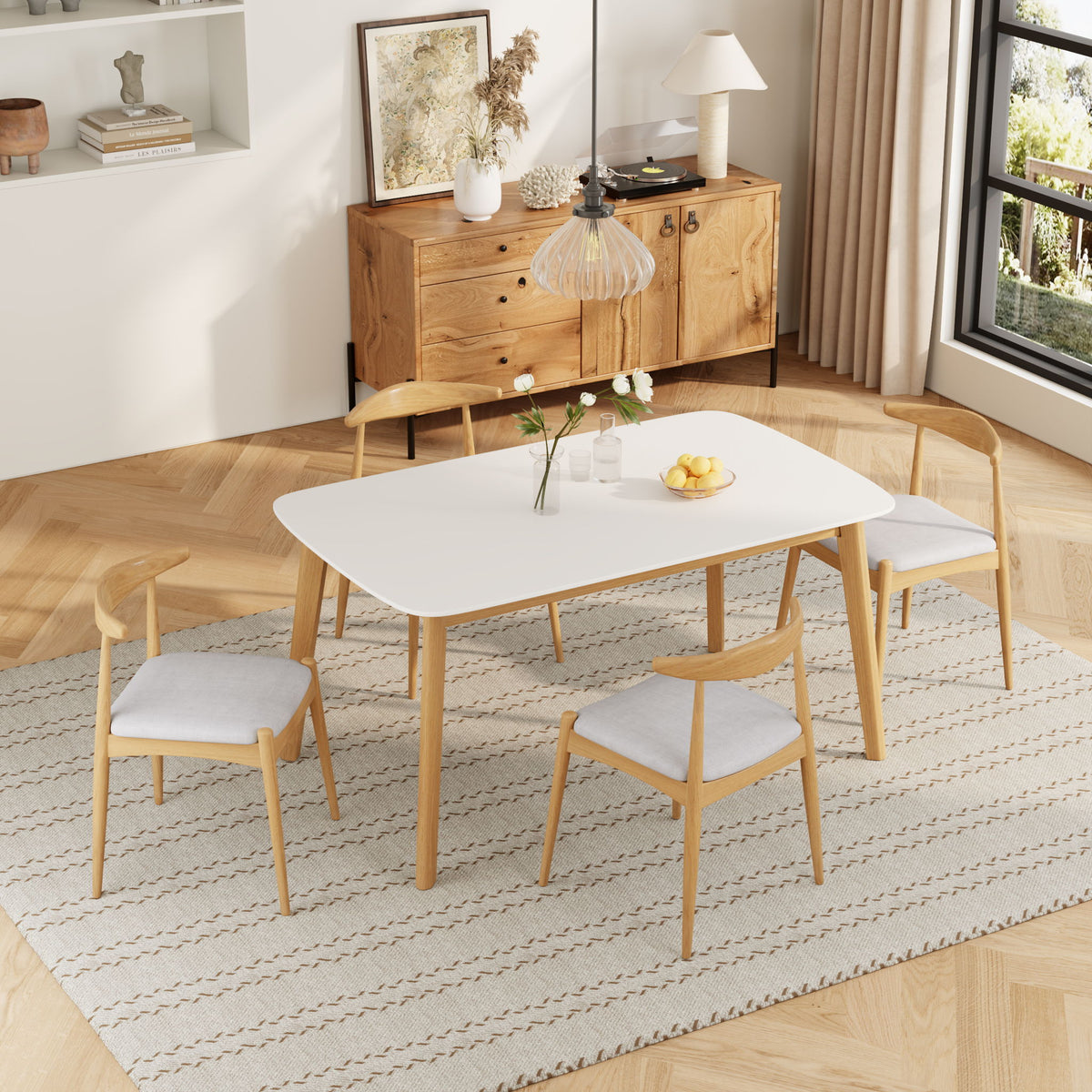 5 Piece Dining Set, Table And 4 Upholstered Chairs - Beige / White / Oak