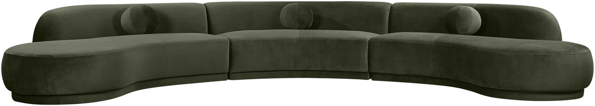 Velvet sectional sofa, deep green, rounded chaise, button-tufted cushions