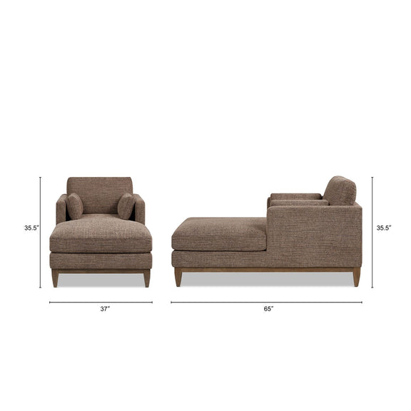 Brown fabric chaise lounge chair shown in two color options, with armrests and seat