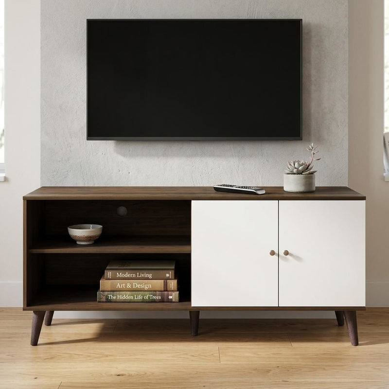 Brown TV stand with two open shelves and white-door cabinet with two doors