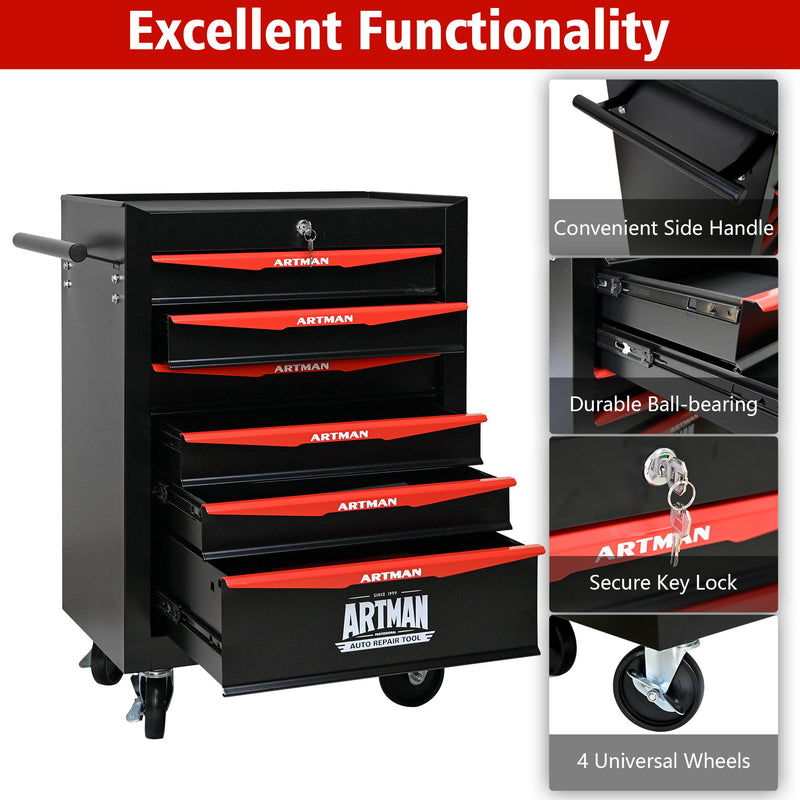 Rolling tool chest with drawers, side handle, ball-bearing slides, key lock, and four universal wheels