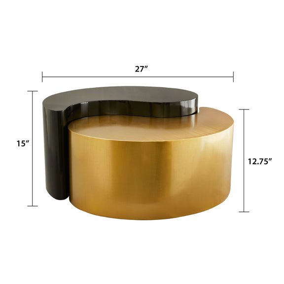 Gold and black round two-tier table with dimensions marked