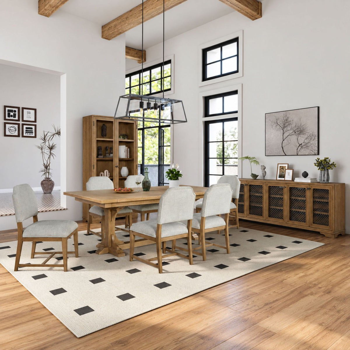 Display cabinet with glass doors shown in a dining room setting