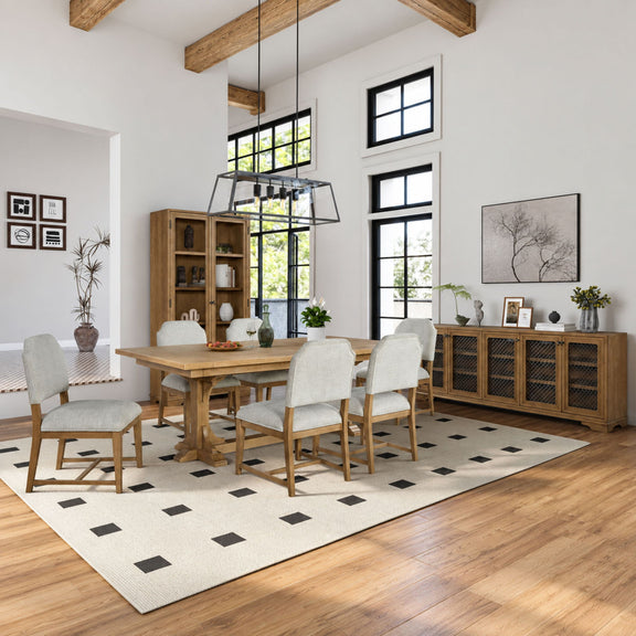 Display cabinet with glass doors shown in a dining room setting