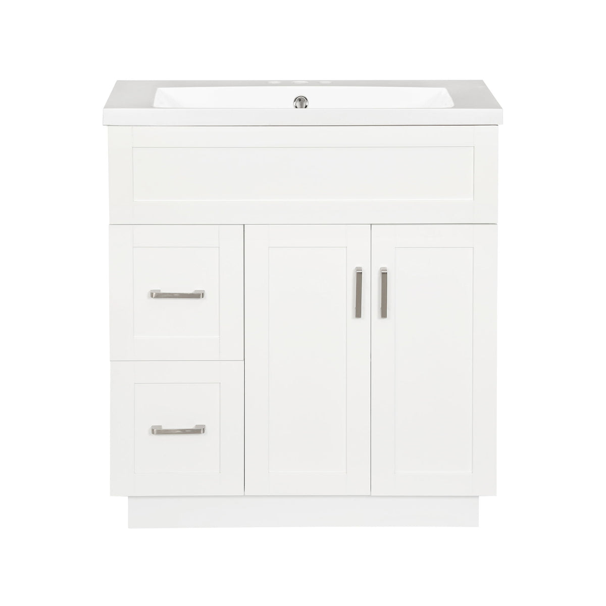 White bathroom vanity cabinet with sink, two doors, two drawers, and chrome bar pulls