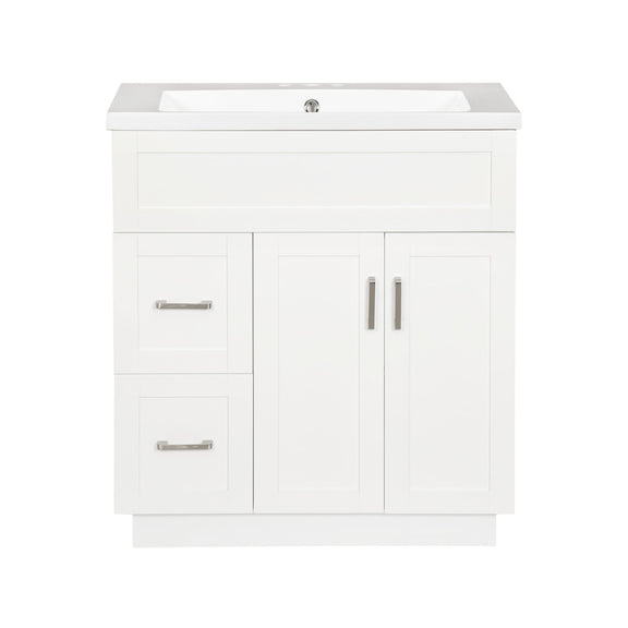 White bathroom vanity cabinet with sink, two doors, two drawers, and chrome bar pulls