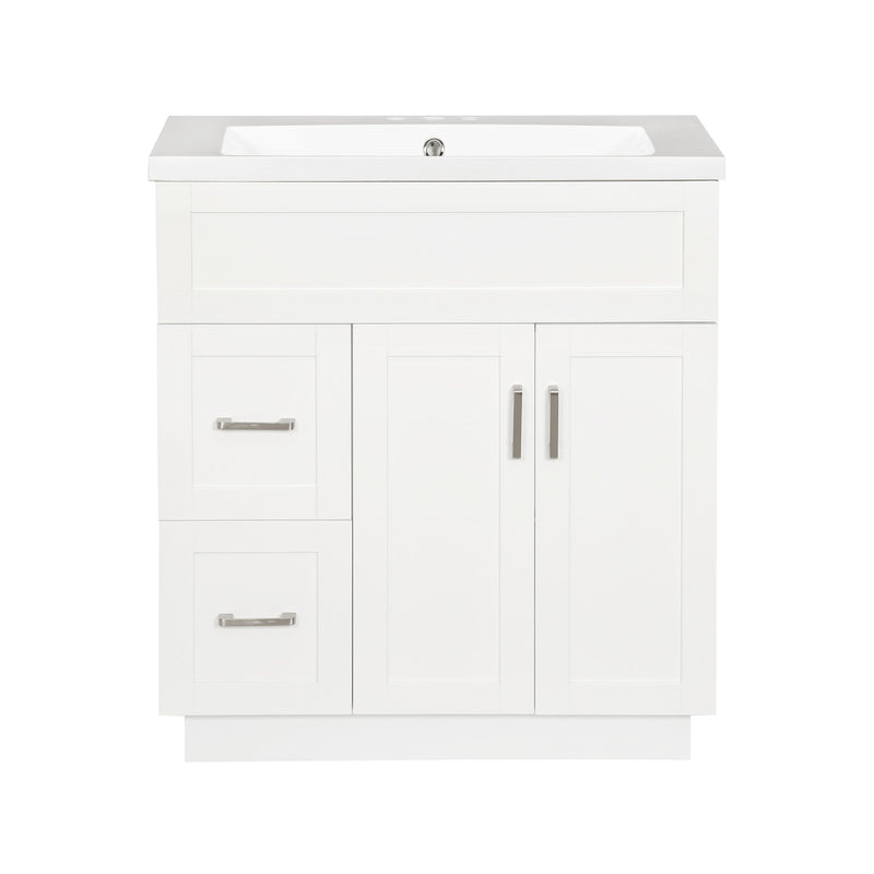 White bathroom vanity cabinet with sink, two doors, two drawers, and chrome bar pulls