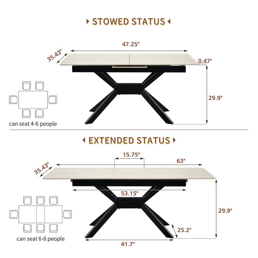 Rectangular Extendable Dining Table With Geometric X Frame, Kitchen Table For Dining Room - Beige