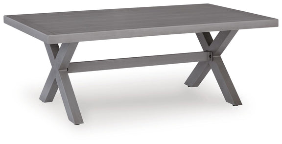 Gray rectangular cocktail table with cross-brace supports