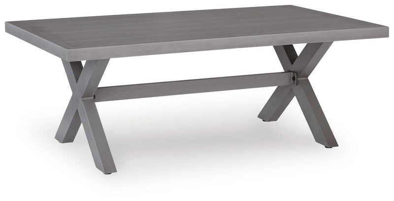 Gray rectangular cocktail table with cross-brace supports