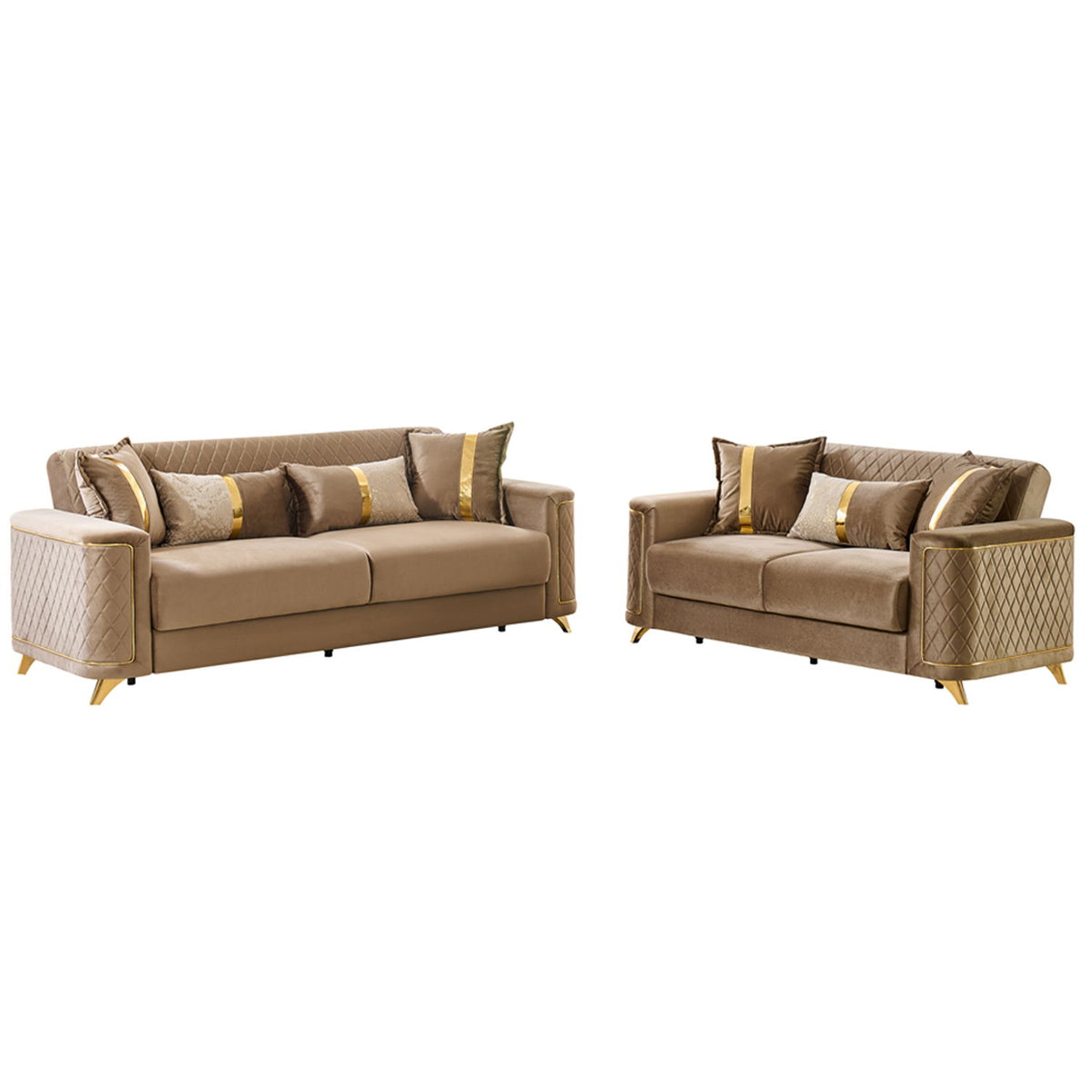 Beige upholstered loveseat and armchair set with gold-trimmed accent pillows
