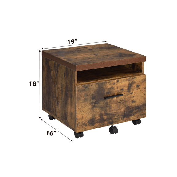 Weathered oak file cabinet on casters, 19 x 18 x 16 in dimensions