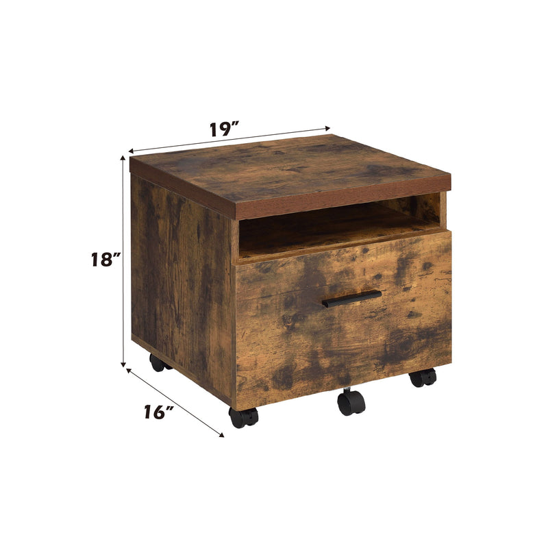 Weathered oak file cabinet on casters, 19 x 18 x 16 in dimensions