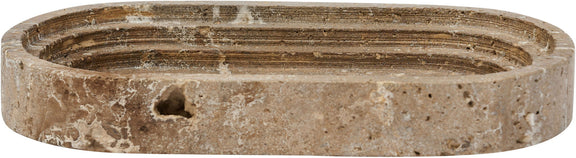 Brown marble oval tray with raised rim, concentric grooves, and a small side hole