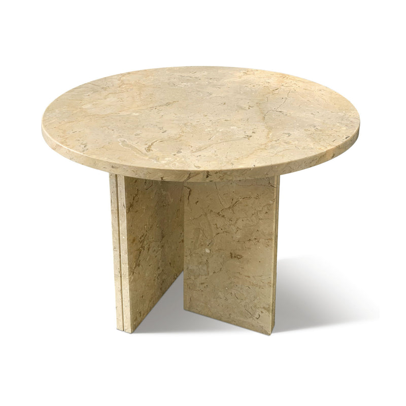 Round beige stone coffee table, split pedestal legs, veined tabletop