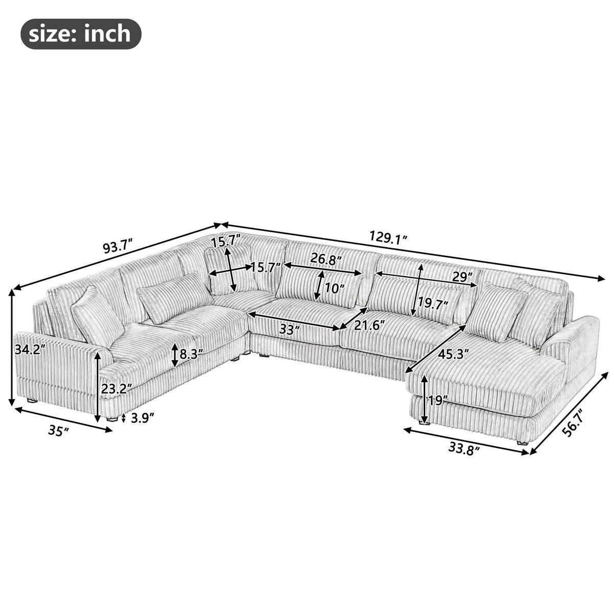 Gray sectional sofa layout diagram with chaise lounge and size measurements