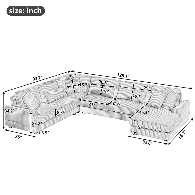 Gray sectional sofa layout diagram with chaise lounge and size measurements