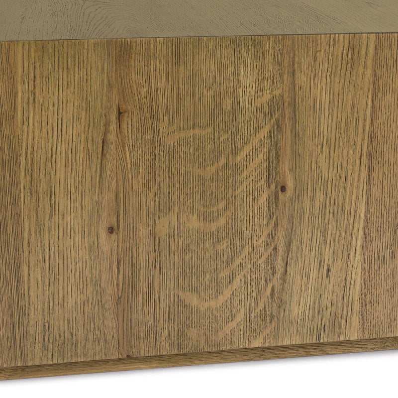 Square coffee table panel close-up in light brown wood with pronounced grain