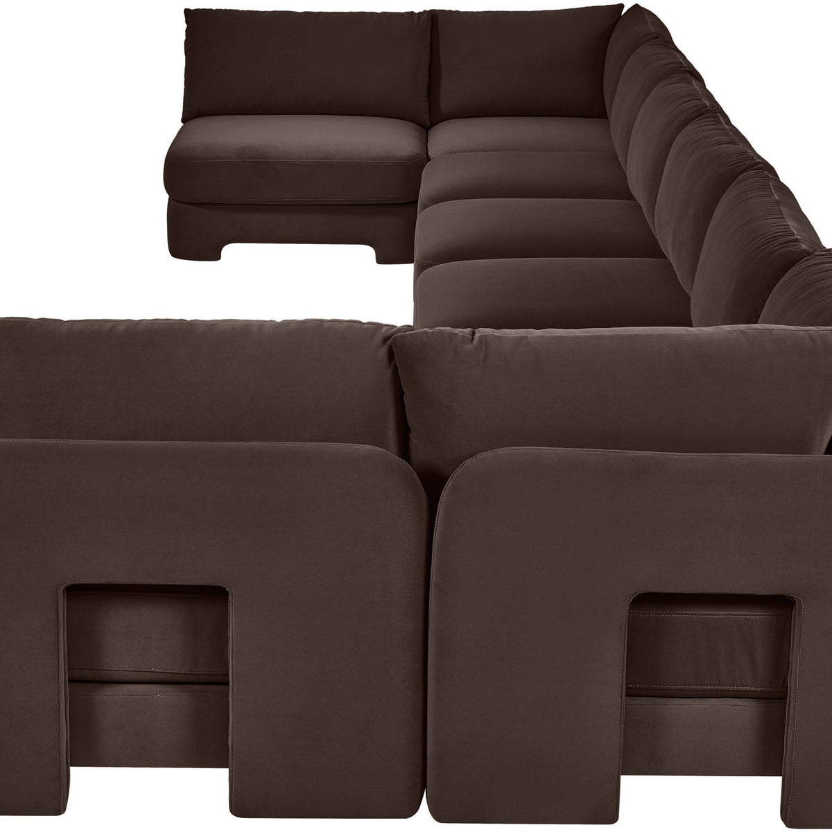 Espresso brown armless U-shaped sectional sofa with chaise modules and box cushions