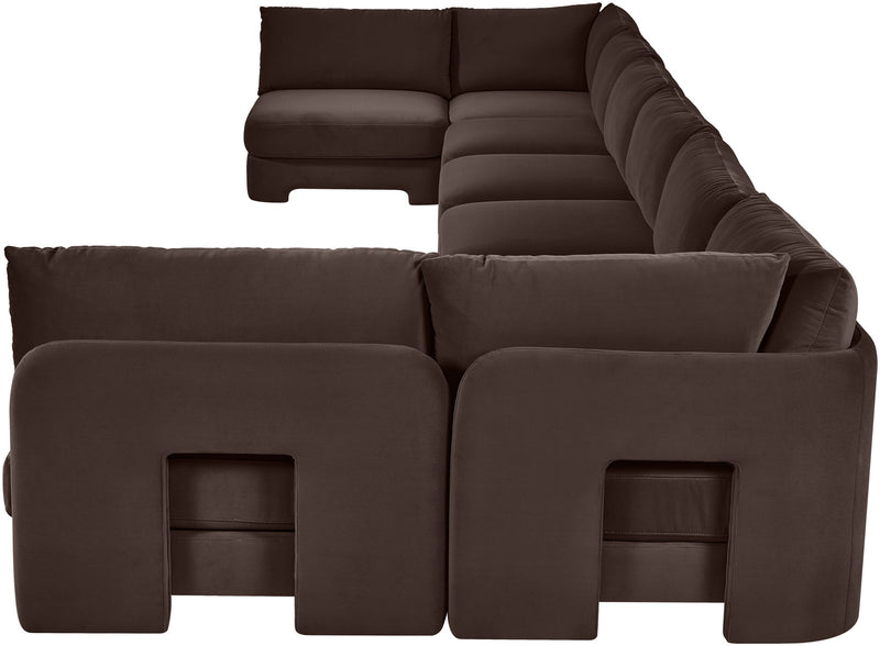 Espresso brown armless U-shaped sectional sofa with chaise modules and box cushions