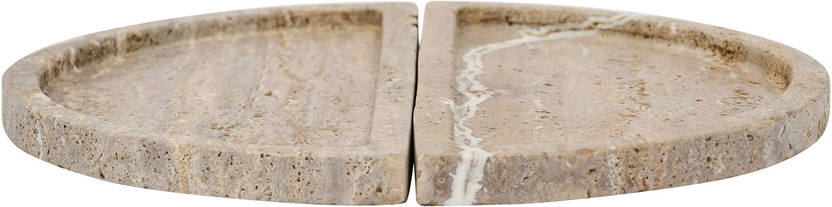 Gray-beige travertine tray with two halves shown side-by-side, natural striations.