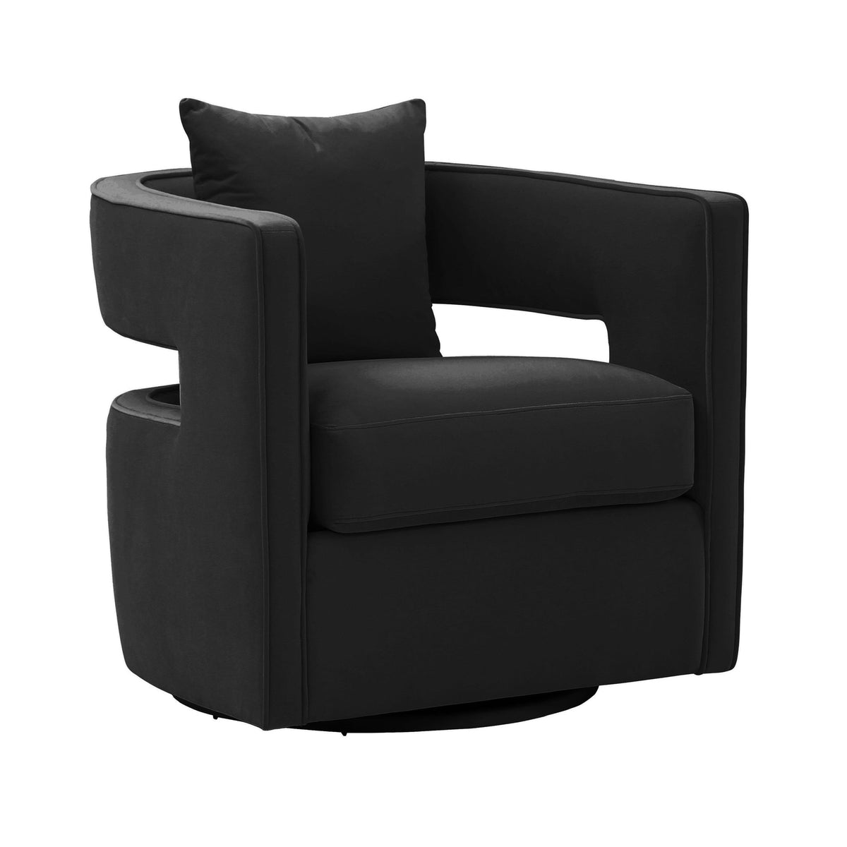 Black swivel chair with padded arms, seat cushion, and back pillow
