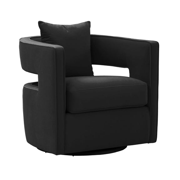 Black swivel chair with padded arms, seat cushion, and back pillow