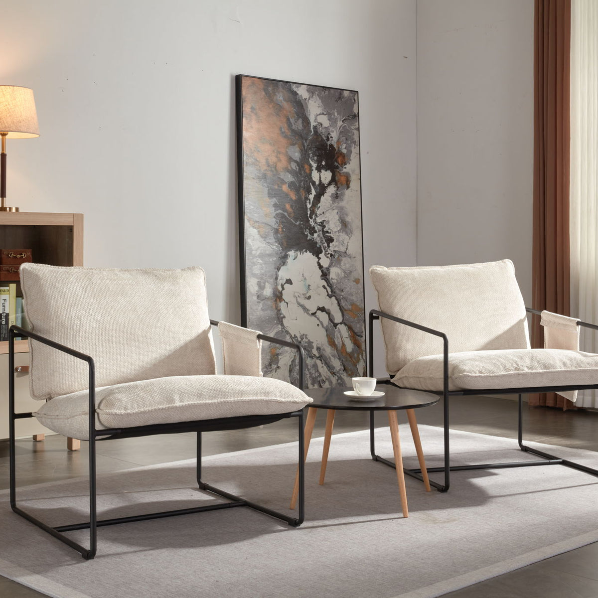 Upholstered Hanging Armchair With Arm Pocket Metal Frame (Set of 2), Crushed Foam Cushions And Skin-Friendly Braid For Living Room And Bedroom