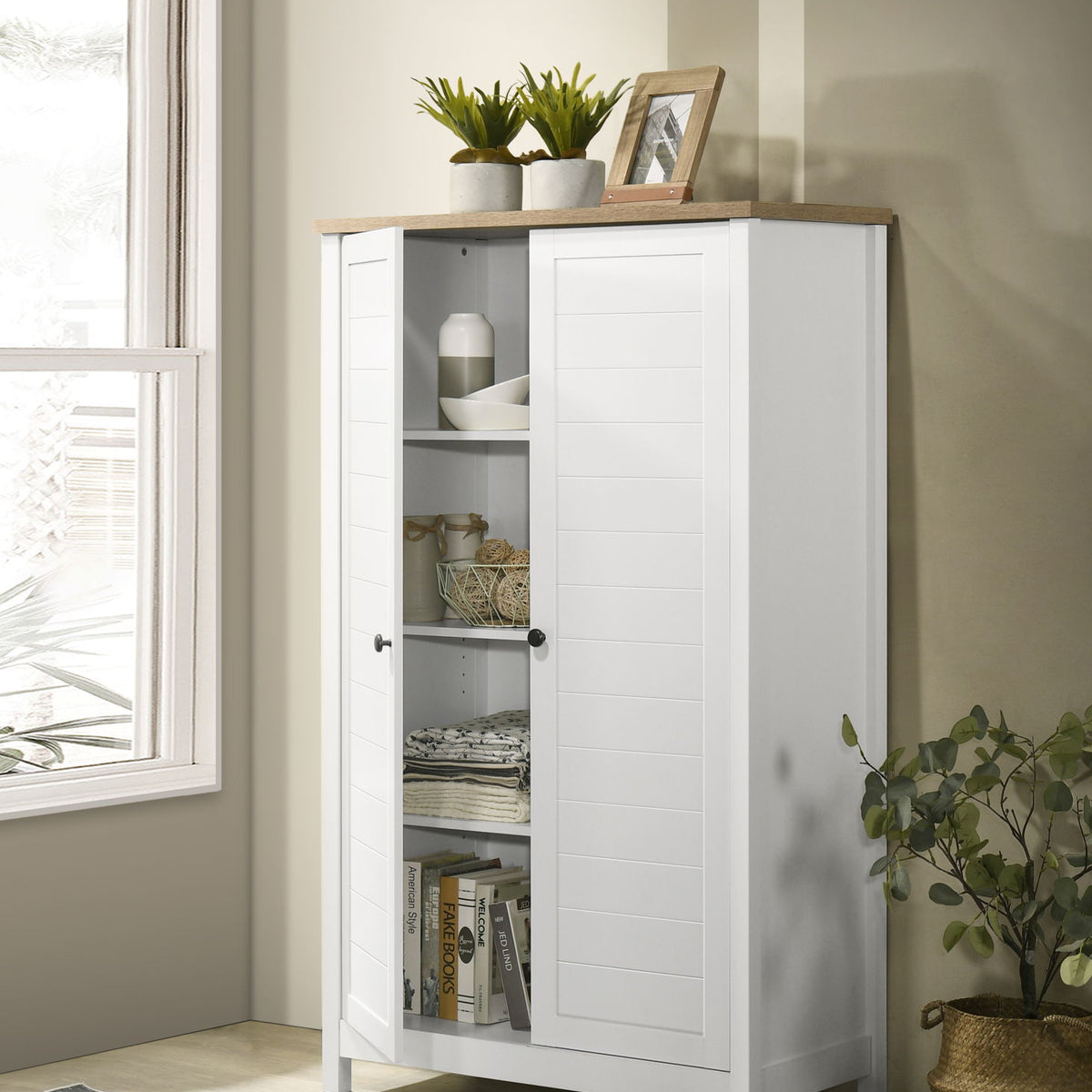 Claire - Storage Cabinet With Oak Accent Finish And Framed Slatted Panel Design - White