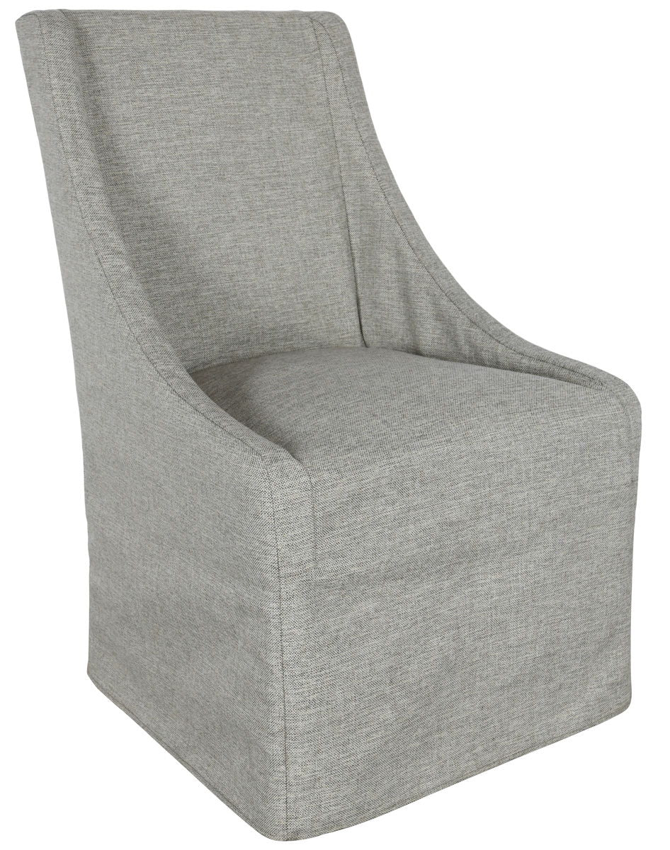 Upholstered rolling dining chair in gray fabric with textured weave, side profile