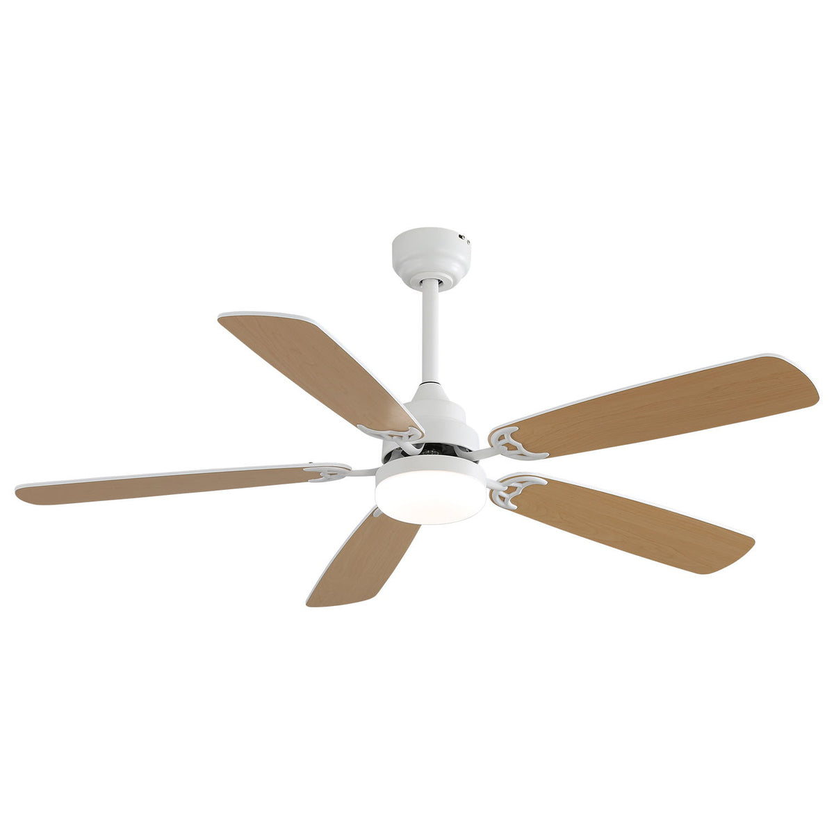 White ceiling fan with LED light and five wood blades