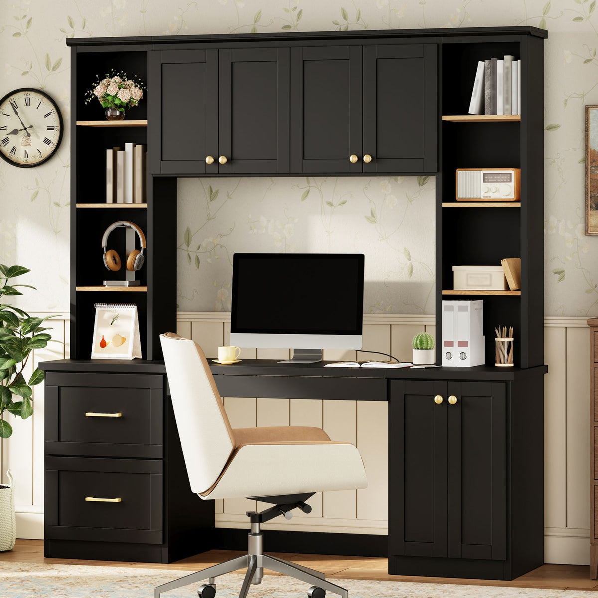 Black computer desk workstation with hutch, shelves, cabinet doors, and monitor area