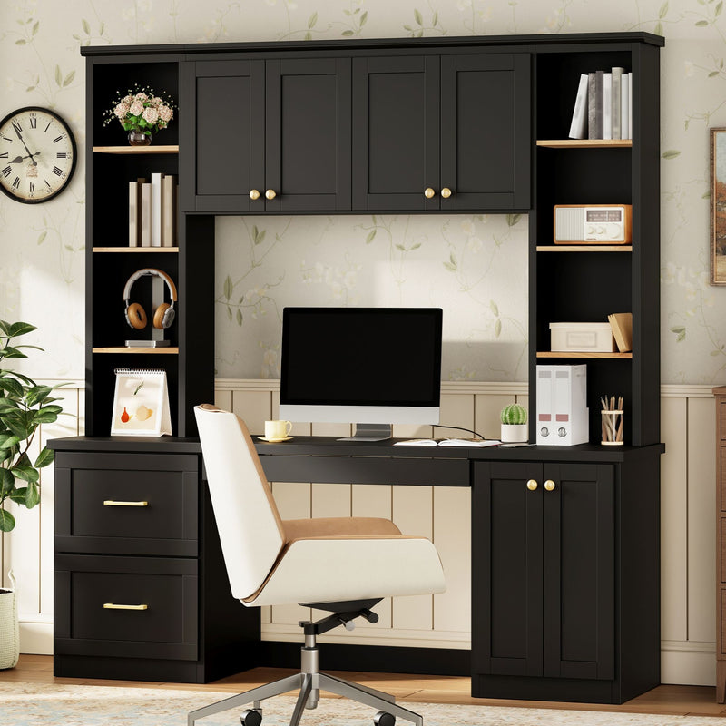 Black computer desk workstation with hutch, shelves, cabinet doors, and monitor area