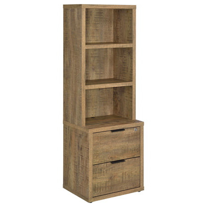 Light brown 3-shelf bookcase with enclosed top shelves and two drawer doors