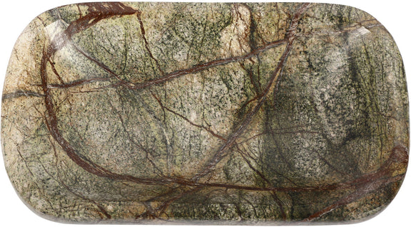 Green marble tray with prominent brown vein swirl, oval shallow dish