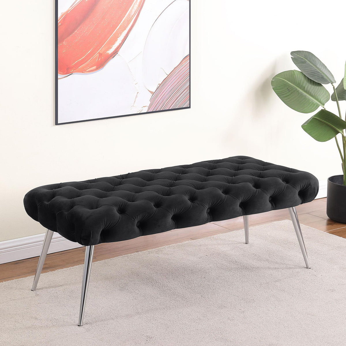 Ella Upholstered Tufted Bench Stainless Steel Legs Black