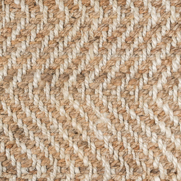 Close-up of natural jute fibers showing herringbone chevron weave texture.