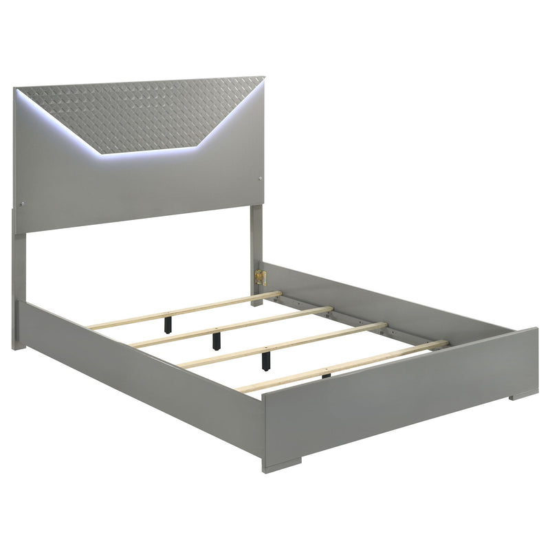 Dark gray LED bed frame with upholstered headboard and open platform base
