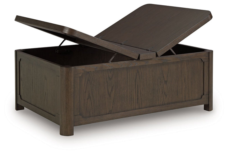 Dark brown wood-grain lift-top cocktail table with fully open storage compartment