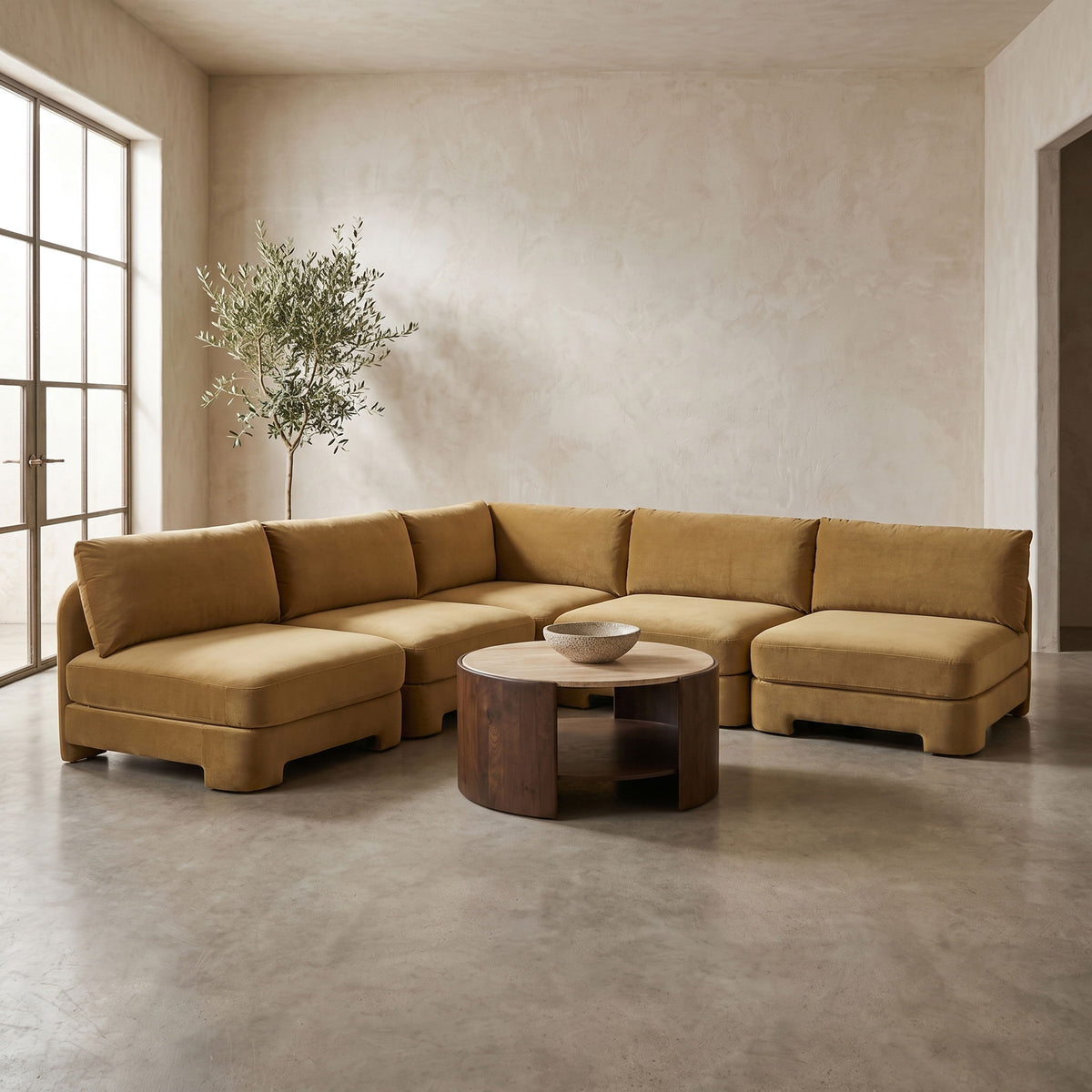 Tan velvet 5-piece armless sectional sofa with corner and ottoman-style seats