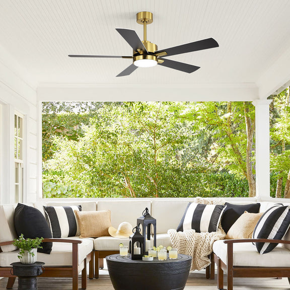 Gold reversible ceiling fan with dark blades and integrated LED light