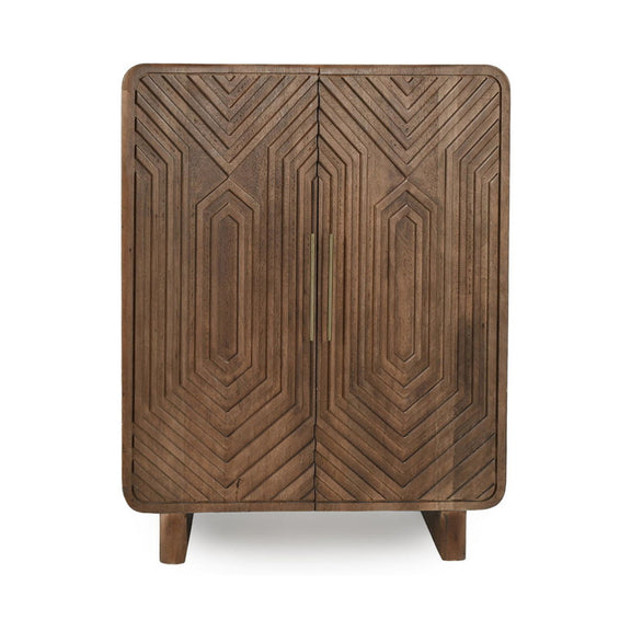 Bar cabinet front with diamond chevron wood pattern and two vertical pull handles.