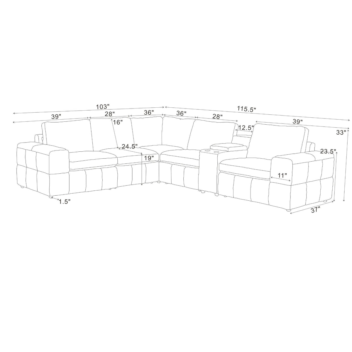 Line drawing of modular sectional sofa with square arms and labeled measurements