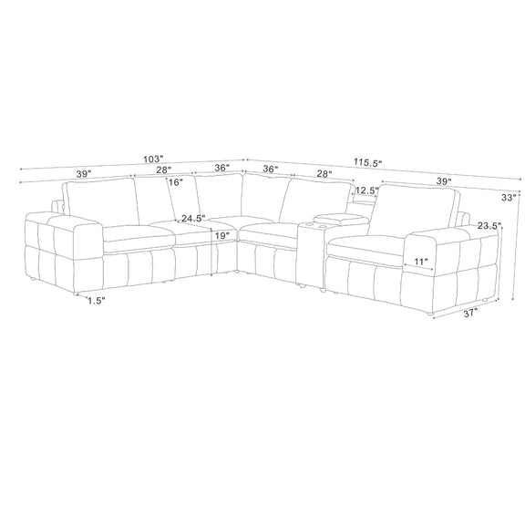 Line drawing of modular sectional sofa with square arms and labeled measurements