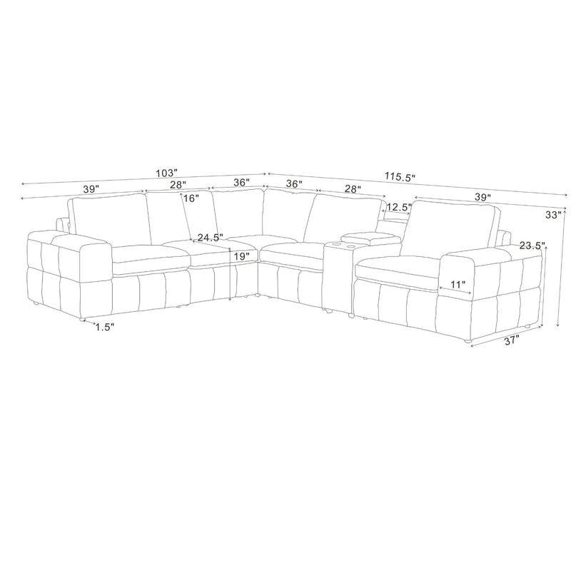 Line drawing of modular sectional sofa with square arms and labeled measurements