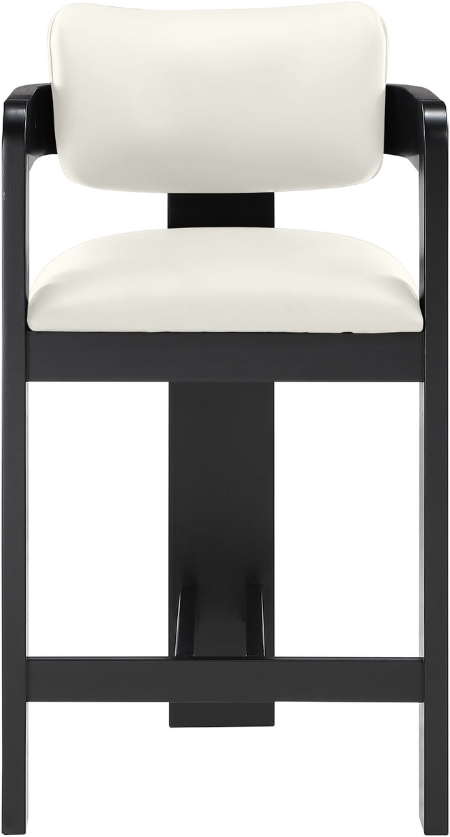 White vegan leather counter stool close-up with curved backrest and black frame