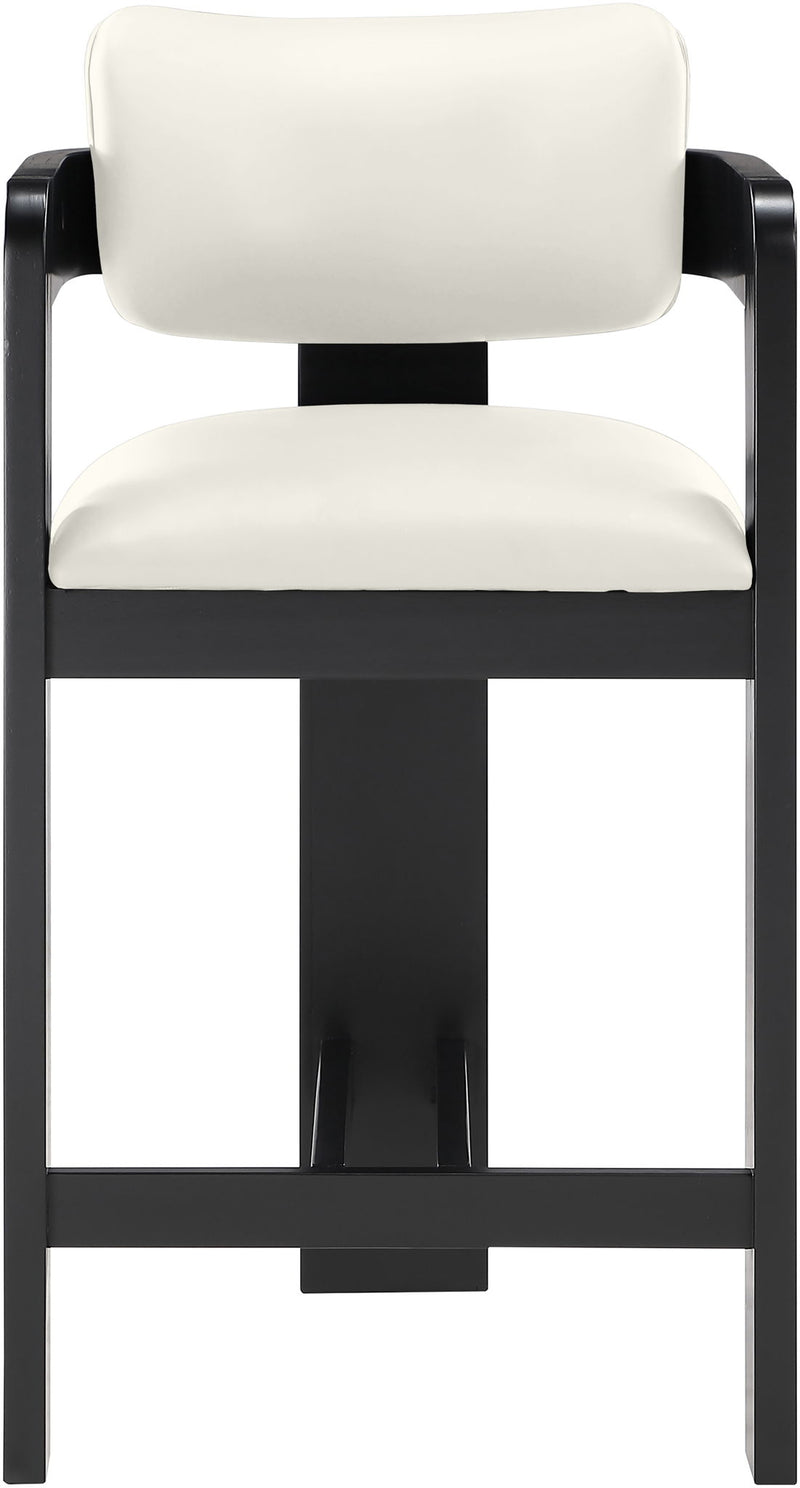 White vegan leather counter stool close-up with curved backrest and black frame